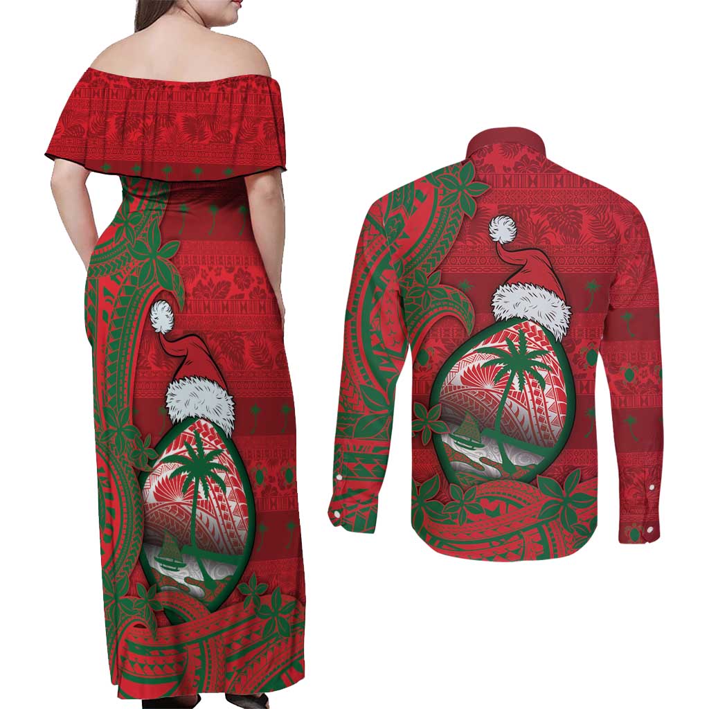 Guam Christmas Couples Matching Off Shoulder Maxi Dress and Long Sleeve Button Shirt Chamorro Seal Hat Santa Tribal Waves DT05 - Polynesian Pride