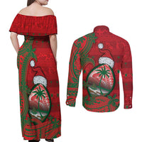 Guam Christmas Couples Matching Off Shoulder Maxi Dress and Long Sleeve Button Shirt Chamorro Seal Hat Santa Tribal Waves DT05 - Polynesian Pride