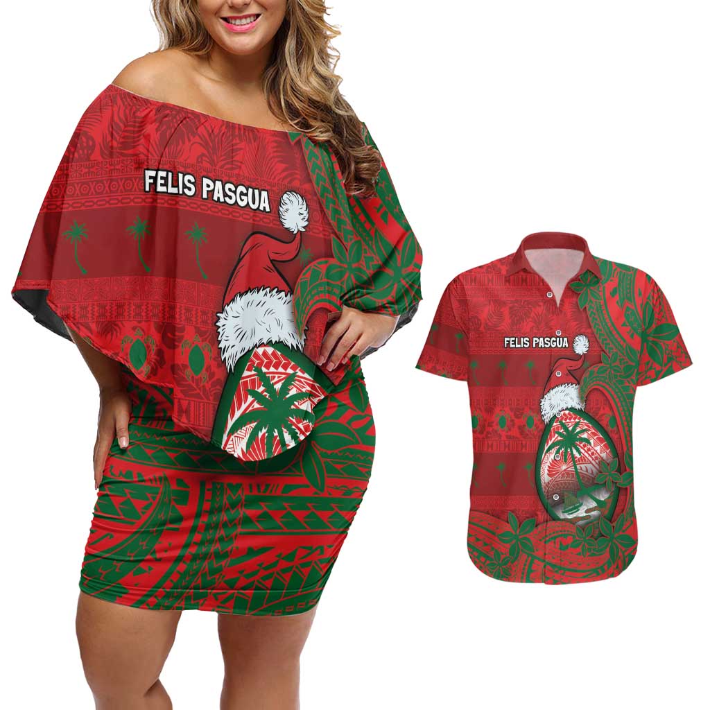 Guam Christmas Couples Matching Off Shoulder Short Dress and Hawaiian Shirt Chamorro Seal Hat Santa Tribal Waves DT05 Red - Polynesian Pride