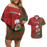 Guam Christmas Couples Matching Off Shoulder Short Dress and Hawaiian Shirt Chamorro Seal Hat Santa Tribal Waves DT05 Red - Polynesian Pride