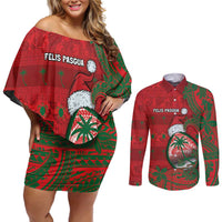 Guam Christmas Couples Matching Off Shoulder Short Dress and Long Sleeve Button Shirt Chamorro Seal Hat Santa Tribal Waves DT05 Red - Polynesian Pride