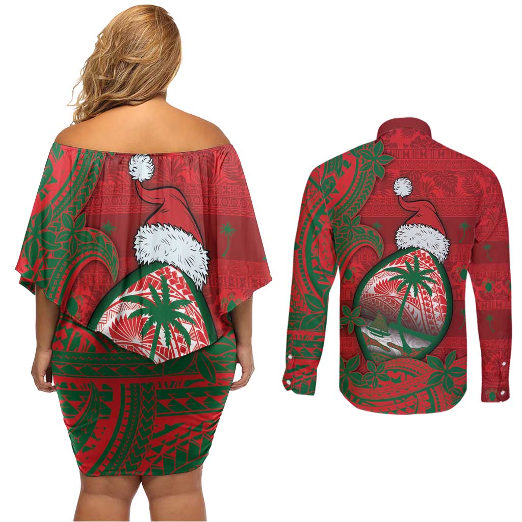 Guam Christmas Couples Matching Off Shoulder Short Dress and Long Sleeve Button Shirt Chamorro Seal Hat Santa Tribal Waves DT05 - Polynesian Pride