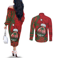 Guam Christmas Couples Matching Off The Shoulder Long Sleeve Dress and Long Sleeve Button Shirt Chamorro Seal Hat Santa Tribal Waves DT05 - Polynesian Pride