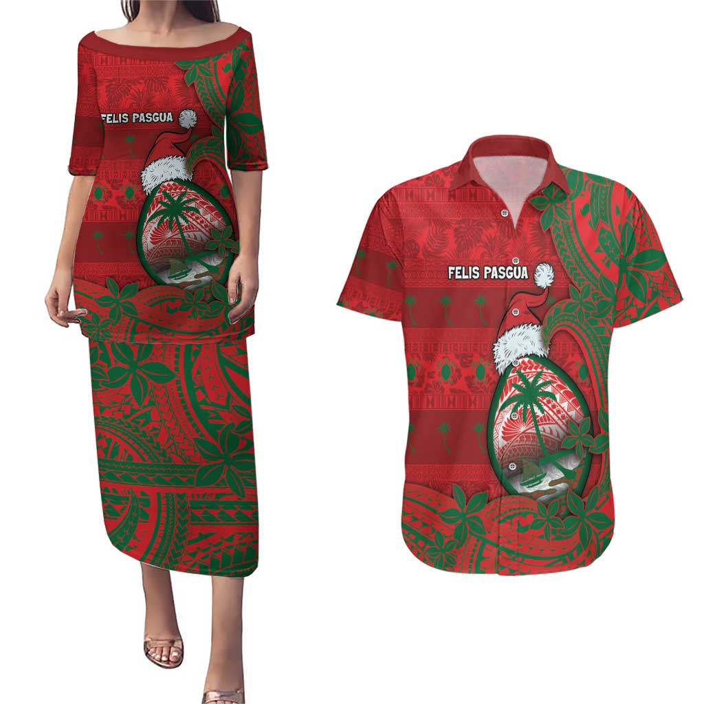 Guam Christmas Couples Matching Puletasi and Hawaiian Shirt Chamorro Seal Hat Santa Tribal Waves DT05 Red - Polynesian Pride