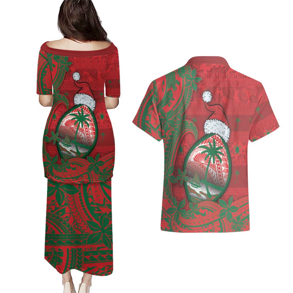 Guam Christmas Couples Matching Puletasi and Hawaiian Shirt Chamorro Seal Hat Santa Tribal Waves DT05 - Polynesian Pride