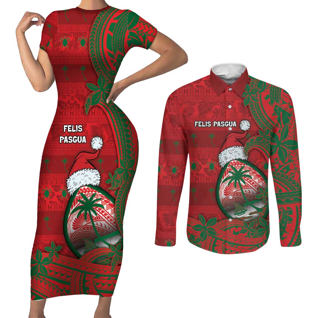 Guam Christmas Couples Matching Short Sleeve Bodycon Dress and Long Sleeve Button Shirt Chamorro Seal Hat Santa Tribal Waves DT05 Red - Polynesian Pride
