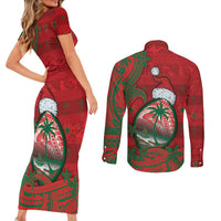 Guam Christmas Couples Matching Short Sleeve Bodycon Dress and Long Sleeve Button Shirt Chamorro Seal Hat Santa Tribal Waves DT05 - Polynesian Pride