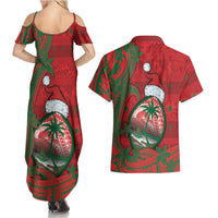 Guam Christmas Couples Matching Summer Maxi Dress and Hawaiian Shirt Chamorro Seal Hat Santa Tribal Waves DT05 - Polynesian Pride