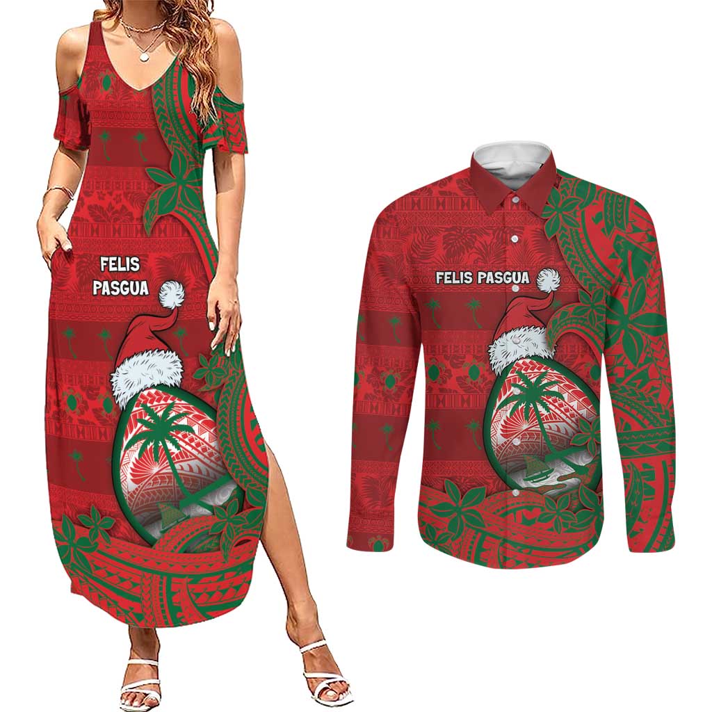 Guam Christmas Couples Matching Summer Maxi Dress and Long Sleeve Button Shirt Chamorro Seal Hat Santa Tribal Waves DT05 Red - Polynesian Pride