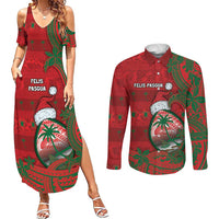 Guam Christmas Couples Matching Summer Maxi Dress and Long Sleeve Button Shirt Chamorro Seal Hat Santa Tribal Waves DT05 Red - Polynesian Pride