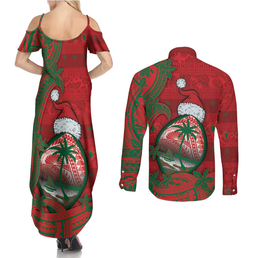 Guam Christmas Couples Matching Summer Maxi Dress and Long Sleeve Button Shirt Chamorro Seal Hat Santa Tribal Waves DT05 - Polynesian Pride