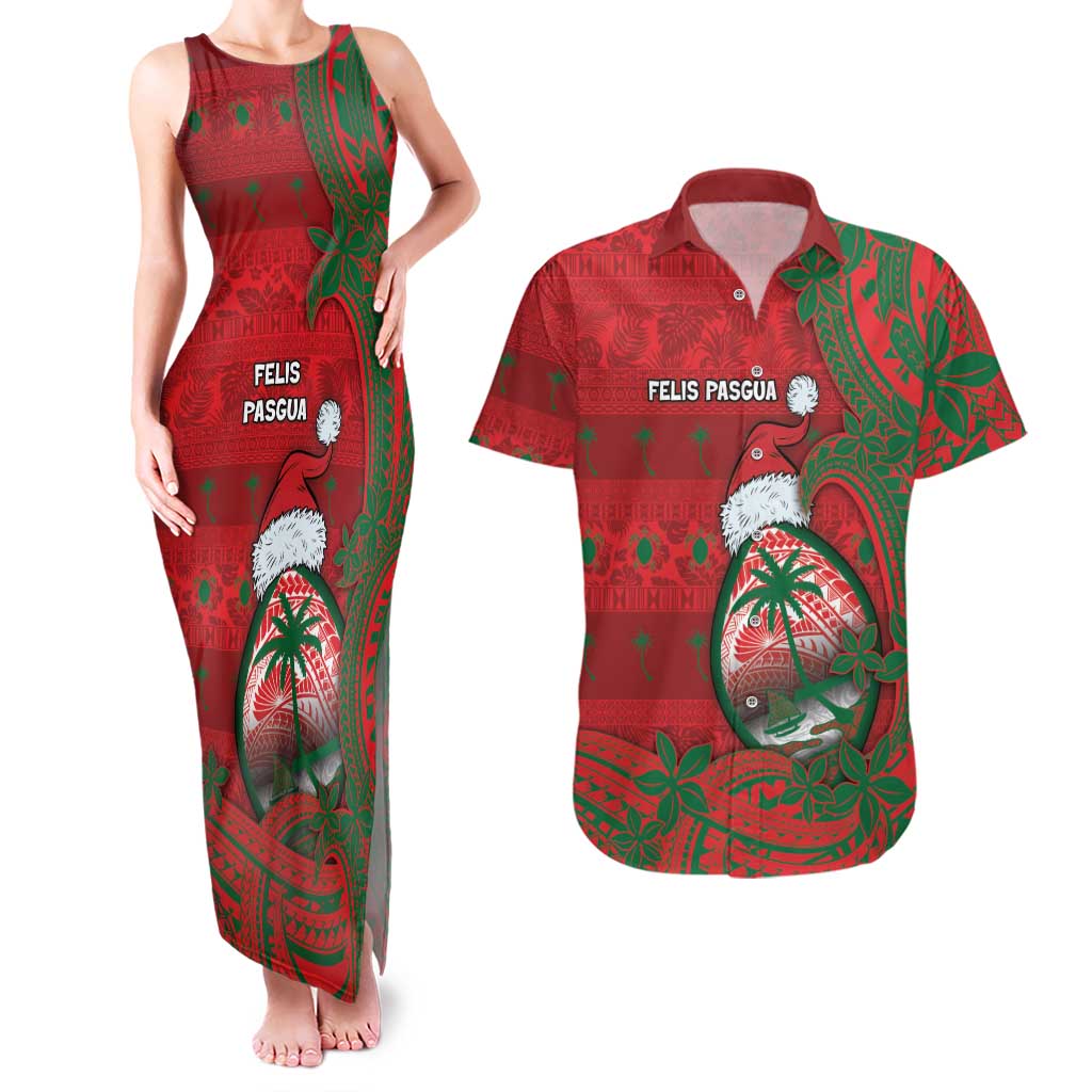 Guam Christmas Couples Matching Tank Maxi Dress and Hawaiian Shirt Chamorro Seal Hat Santa Tribal Waves DT05 Red - Polynesian Pride