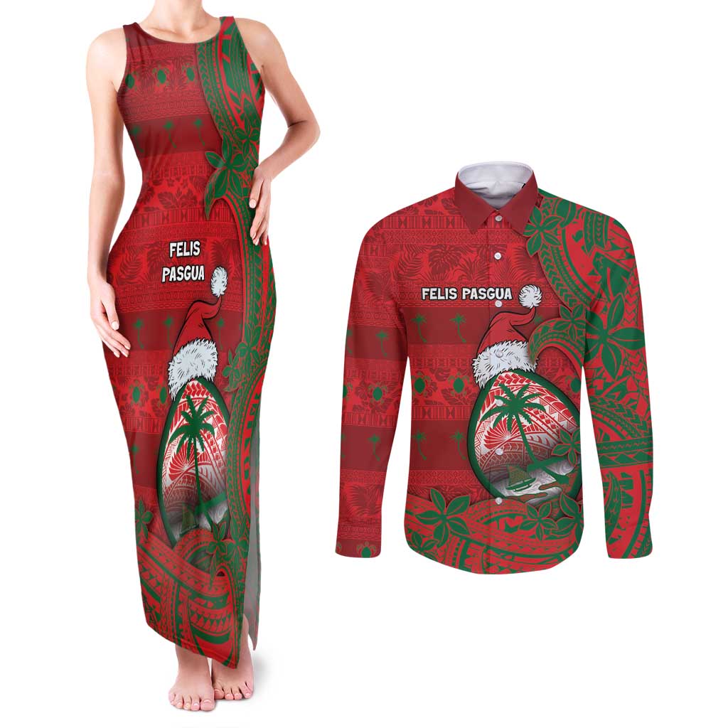 Guam Christmas Couples Matching Tank Maxi Dress and Long Sleeve Button Shirt Chamorro Seal Hat Santa Tribal Waves DT05 Red - Polynesian Pride