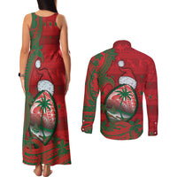 Guam Christmas Couples Matching Tank Maxi Dress and Long Sleeve Button Shirt Chamorro Seal Hat Santa Tribal Waves DT05 - Polynesian Pride