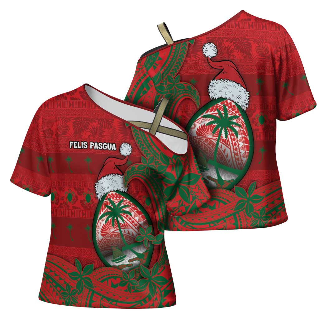 Guam Christmas Cross Shoulder Shirt Chamorro Seal Hat Santa Tribal Waves - Polynesian Pride
