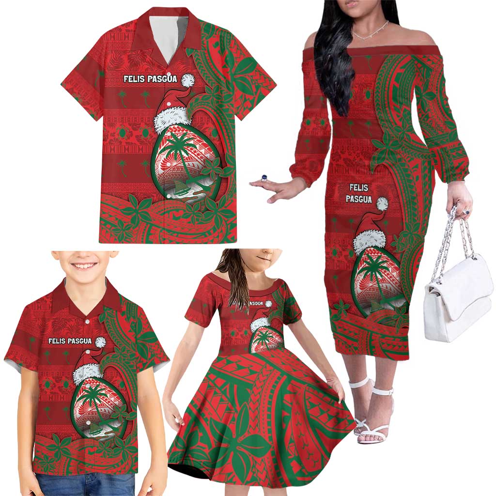 Guam Christmas Family Matching Off The Shoulder Long Sleeve Dress and Hawaiian Shirt Chamorro Seal Hat Santa Tribal Waves DT05 - Polynesian Pride
