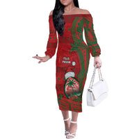 Guam Christmas Family Matching Off The Shoulder Long Sleeve Dress and Hawaiian Shirt Chamorro Seal Hat Santa Tribal Waves DT05 Mom's Dress Red - Polynesian Pride