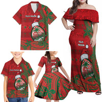 Guam Christmas Family Matching Off Shoulder Maxi Dress and Hawaiian Shirt Chamorro Seal Hat Santa Tribal Waves DT05 - Polynesian Pride