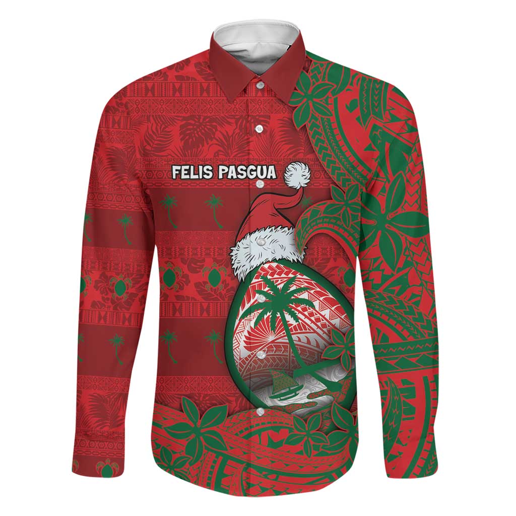 Guam Christmas Family Matching Off Shoulder Maxi Dress and Hawaiian Shirt Chamorro Seal Hat Santa Tribal Waves DT05 Dad's Shirt - Long Sleeve Red - Polynesian Pride
