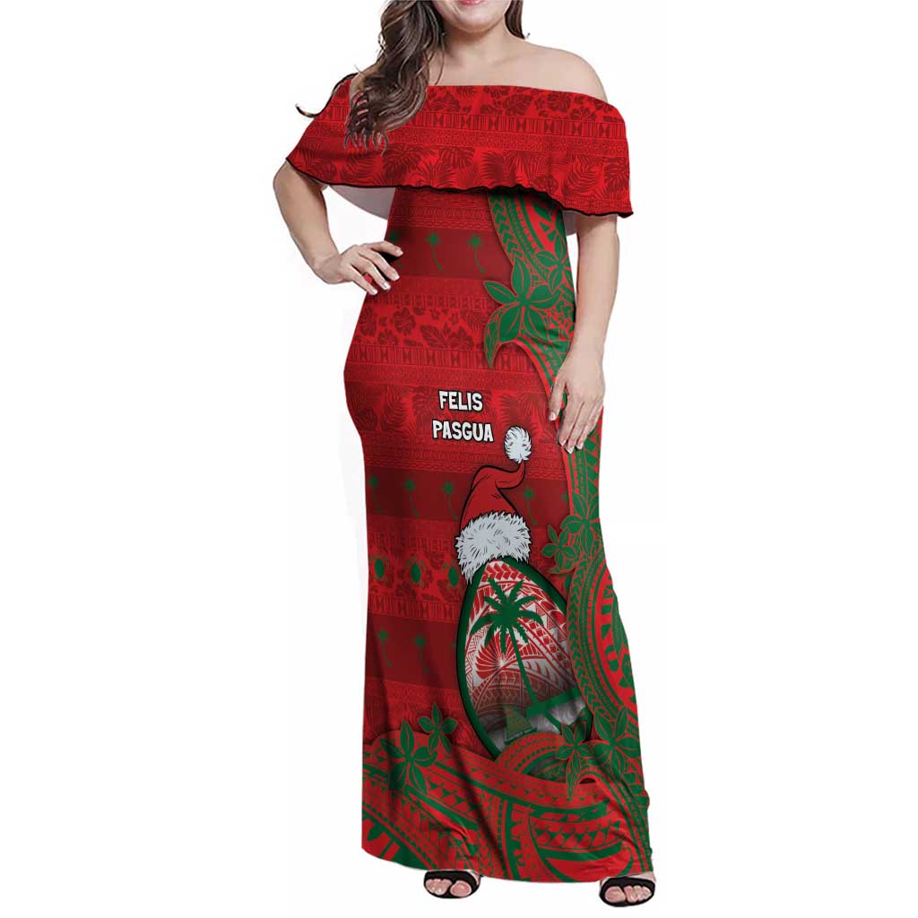 Guam Christmas Family Matching Off Shoulder Maxi Dress and Hawaiian Shirt Chamorro Seal Hat Santa Tribal Waves DT05 Mom's Dress Red - Polynesian Pride