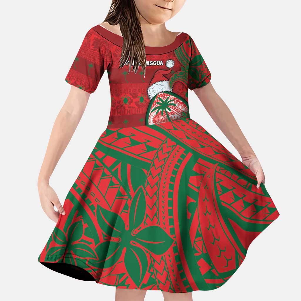 Guam Christmas Family Matching Off Shoulder Short Dress and Hawaiian Shirt Chamorro Seal Hat Santa Tribal Waves DT05 Daughter's Dress Red - Polynesian Pride