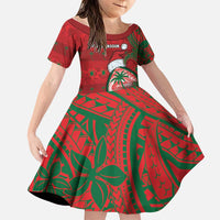 Guam Christmas Family Matching Off Shoulder Short Dress and Hawaiian Shirt Chamorro Seal Hat Santa Tribal Waves DT05 Daughter's Dress Red - Polynesian Pride