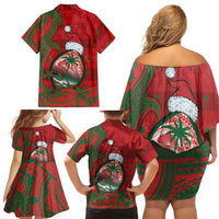 Guam Christmas Family Matching Off Shoulder Short Dress and Hawaiian Shirt Chamorro Seal Hat Santa Tribal Waves DT05 - Polynesian Pride