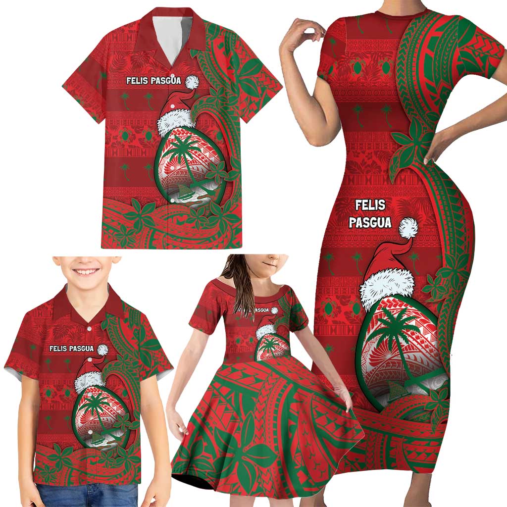 Guam Christmas Family Matching Short Sleeve Bodycon Dress and Hawaiian Shirt Chamorro Seal Hat Santa Tribal Waves DT05 - Polynesian Pride