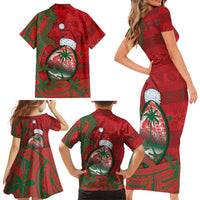 Guam Christmas Family Matching Short Sleeve Bodycon Dress and Hawaiian Shirt Chamorro Seal Hat Santa Tribal Waves DT05 - Polynesian Pride