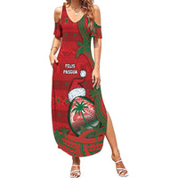 Guam Christmas Family Matching Summer Maxi Dress and Hawaiian Shirt Chamorro Seal Hat Santa Tribal Waves DT05 Mom's Dress Red - Polynesian Pride