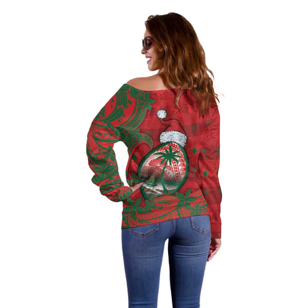 Guam Christmas Off Shoulder Sweater Chamorro Seal Hat Santa Tribal Waves - Polynesian Pride