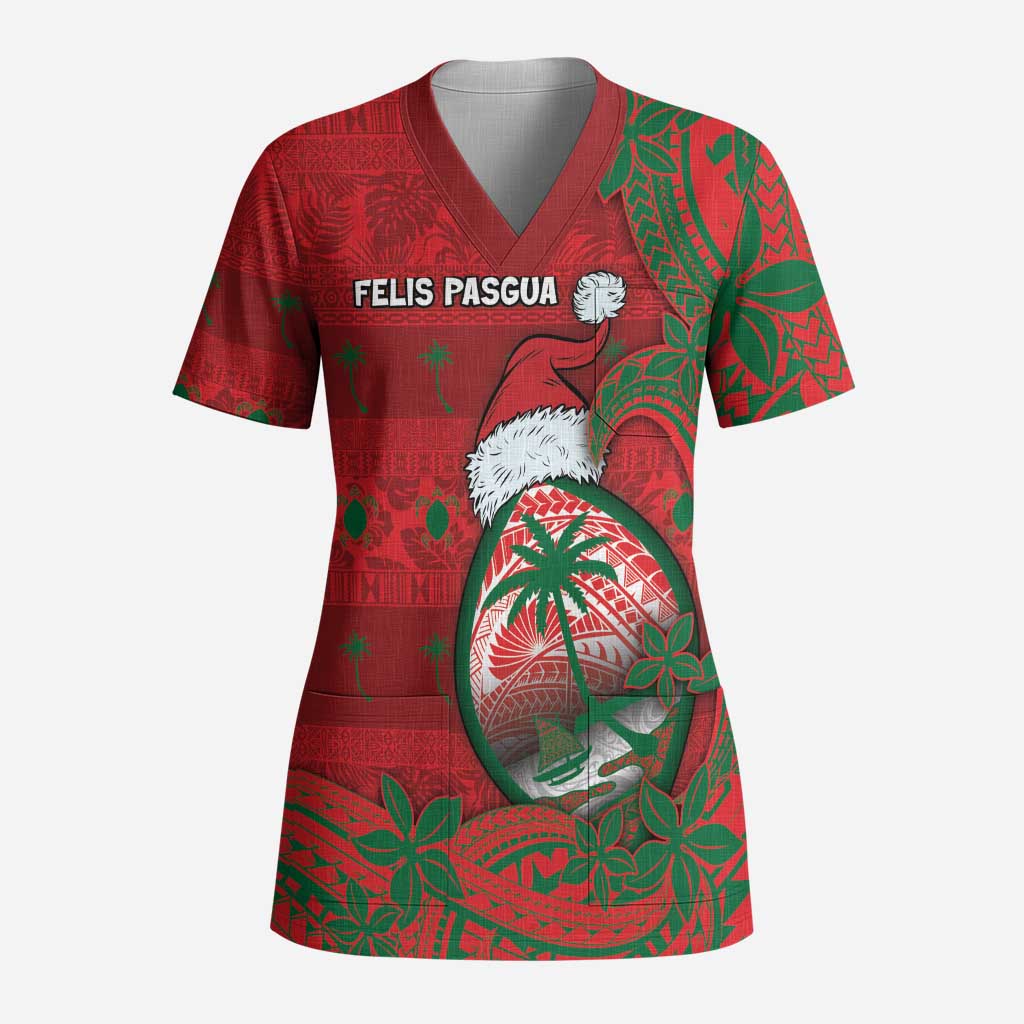 Guam Christmas Scrub Top Chamorro Seal Hat Santa Tribal Waves DT05 Adult Red - Polynesian Pride