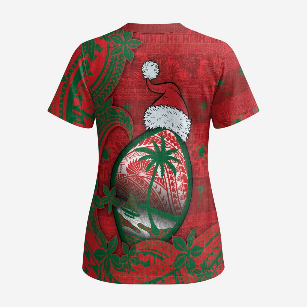 Guam Christmas Scrub Top Chamorro Seal Hat Santa Tribal Waves DT05 - Polynesian Pride