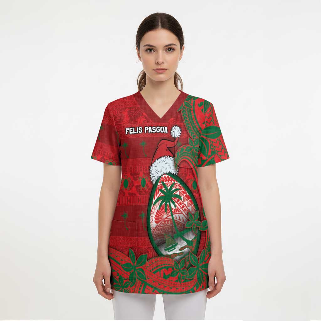 Guam Christmas Scrub Top Chamorro Seal Hat Santa Tribal Waves DT05 - Polynesian Pride