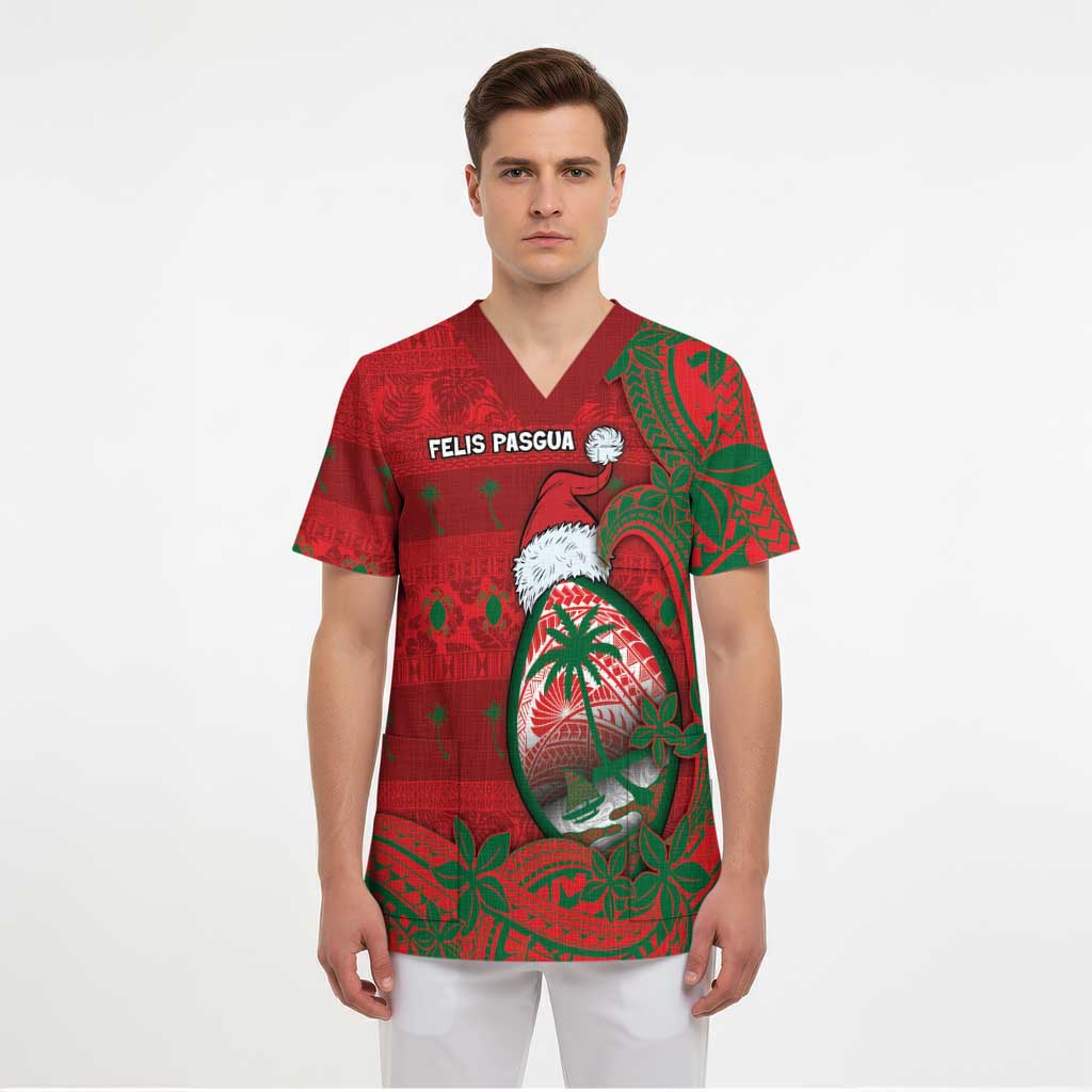 Guam Christmas Scrub Top Chamorro Seal Hat Santa Tribal Waves DT05 - Polynesian Pride