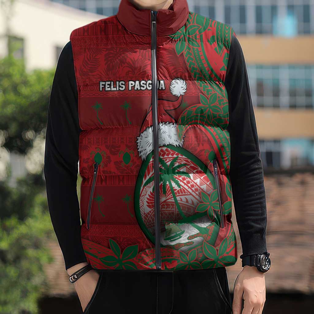 Guam Christmas Sleeveless Puffer Jacket Chamorro Seal Hat Santa Tribal Waves - Polynesian Pride