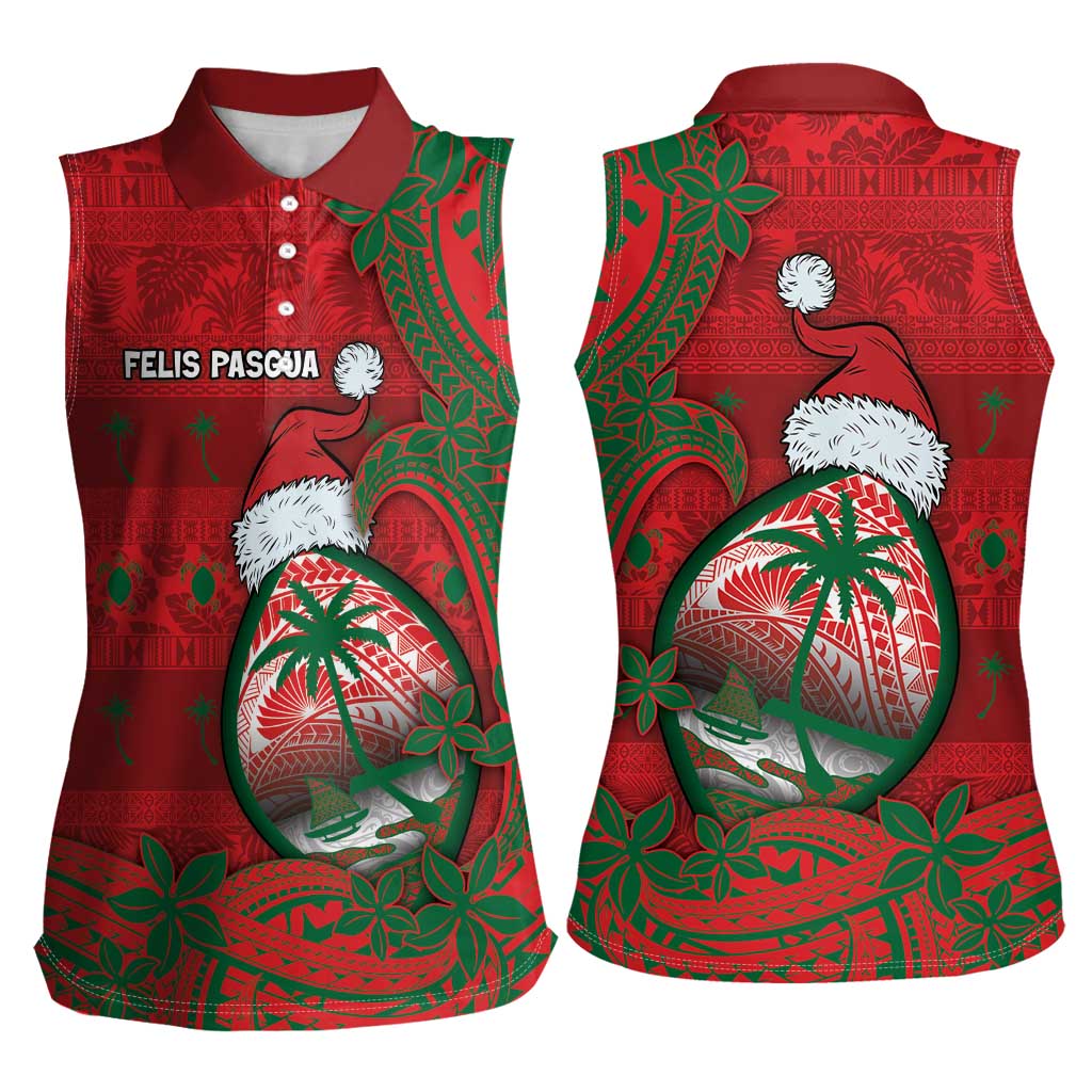 Guam Christmas Women Sleeveless Polo Shirt Chamorro Seal Hat Santa Tribal Waves DT05 - Polynesian Pride