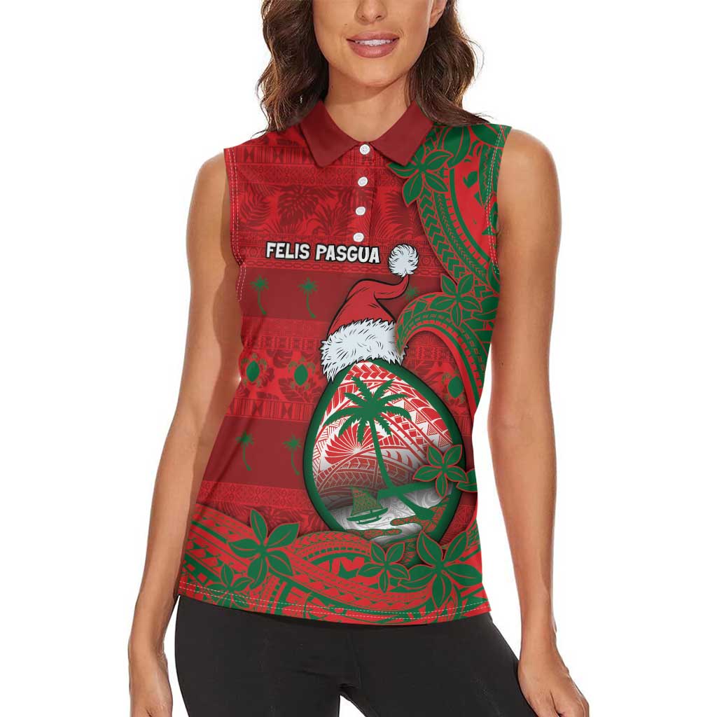 Guam Christmas Women Sleeveless Polo Shirt Chamorro Seal Hat Santa Tribal Waves DT05 - Polynesian Pride