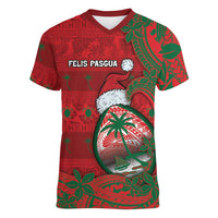 Guam Christmas Women V-Neck T-Shirt Chamorro Seal Hat Santa Tribal Waves DT05 Female Red - Polynesian Pride