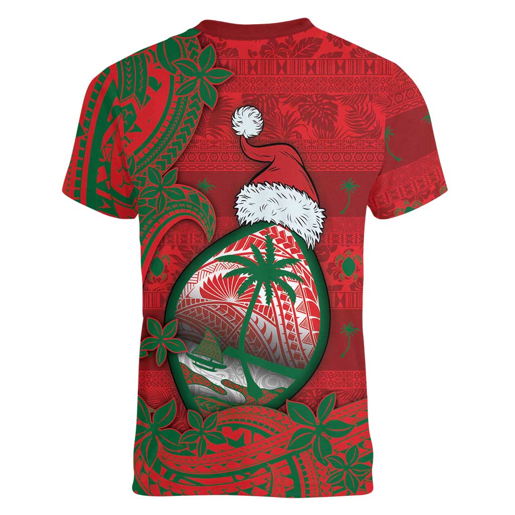 Guam Christmas Women V-Neck T-Shirt Chamorro Seal Hat Santa Tribal Waves DT05 - Polynesian Pride