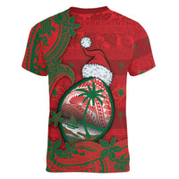 Guam Christmas Women V-Neck T-Shirt Chamorro Seal Hat Santa Tribal Waves DT05 - Polynesian Pride