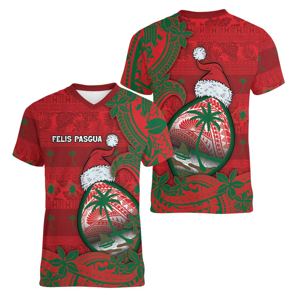 Guam Christmas Women V-Neck T-Shirt Chamorro Seal Hat Santa Tribal Waves DT05 - Polynesian Pride