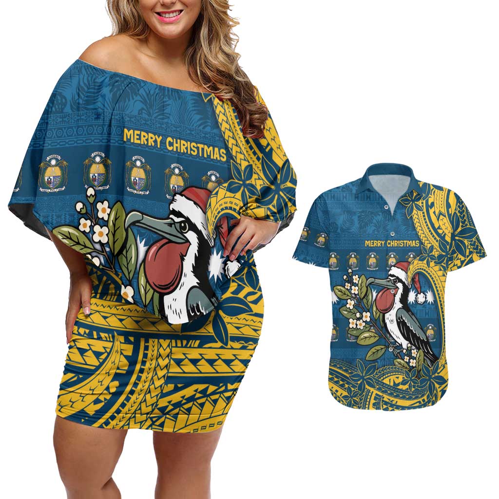 Nauru Christmas Couples Matching Off Shoulder Short Dress and Hawaiian Shirt Frigatebird Bird Santa Tribal Waves DT05 Deep Blue - Polynesian Pride