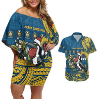 Nauru Christmas Couples Matching Off Shoulder Short Dress and Hawaiian Shirt Frigatebird Bird Santa Tribal Waves DT05 Deep Blue - Polynesian Pride