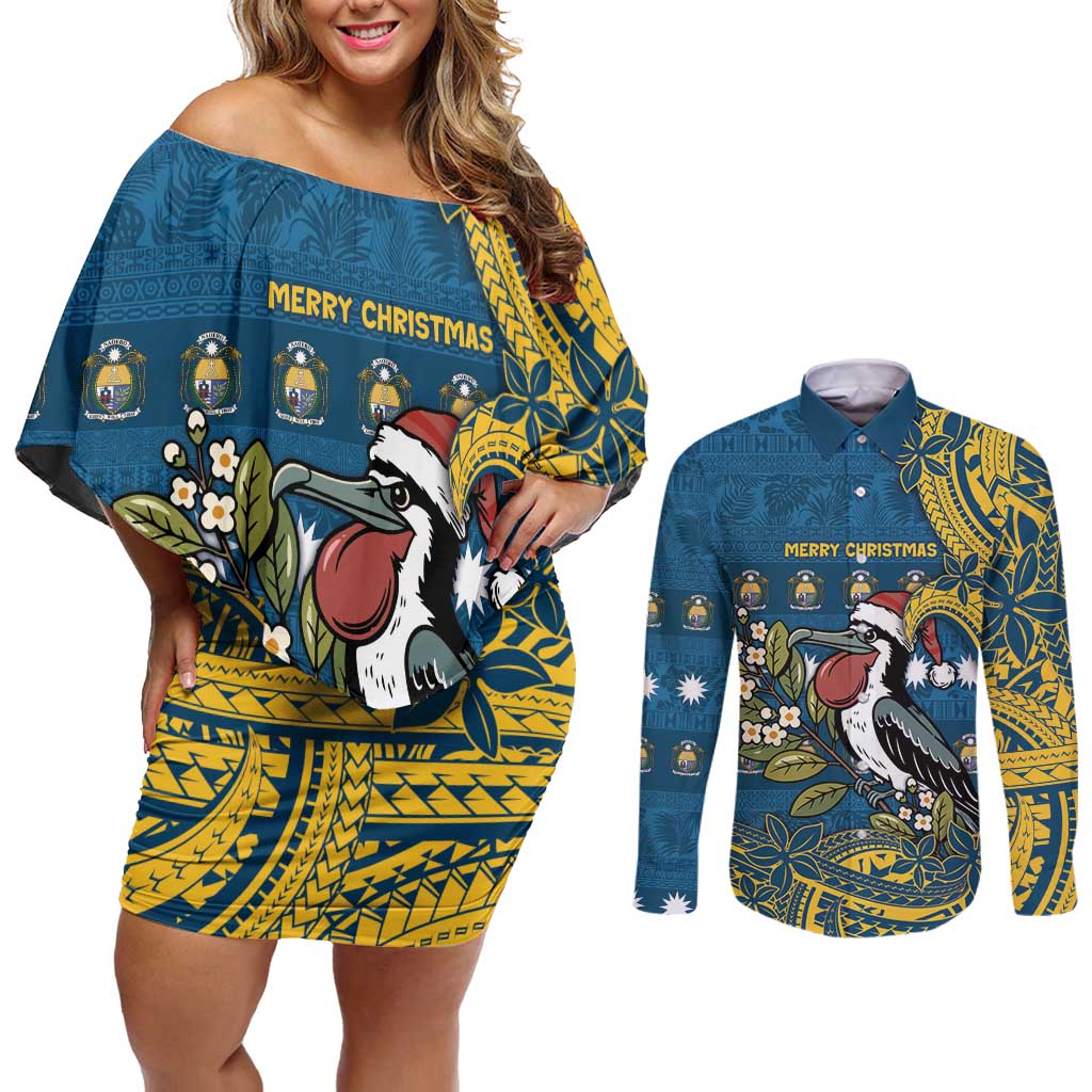 Nauru Christmas Couples Matching Off Shoulder Short Dress and Long Sleeve Button Shirt Frigatebird Bird Santa Tribal Waves DT05 Deep Blue - Polynesian Pride