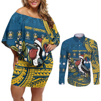 Nauru Christmas Couples Matching Off Shoulder Short Dress and Long Sleeve Button Shirt Frigatebird Bird Santa Tribal Waves DT05 Deep Blue - Polynesian Pride