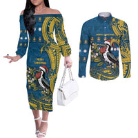 Nauru Christmas Couples Matching Off The Shoulder Long Sleeve Dress and Long Sleeve Button Shirt Frigatebird Bird Santa Tribal Waves DT05 Deep Blue - Polynesian Pride