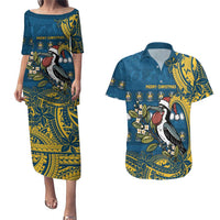 Nauru Christmas Couples Matching Puletasi and Hawaiian Shirt Frigatebird Bird Santa Tribal Waves DT05 Deep Blue - Polynesian Pride