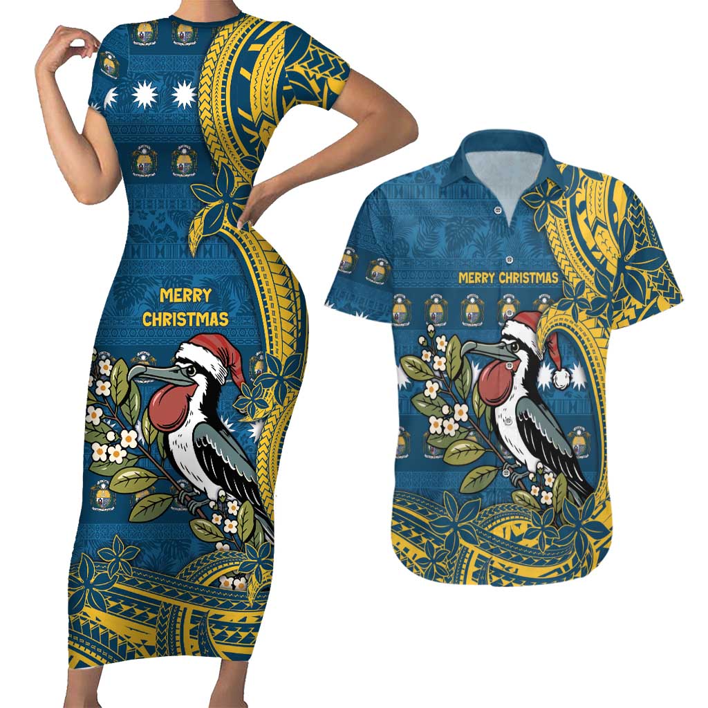 Nauru Christmas Couples Matching Short Sleeve Bodycon Dress and Hawaiian Shirt Frigatebird Bird Santa Tribal Waves - Polynesian Pride