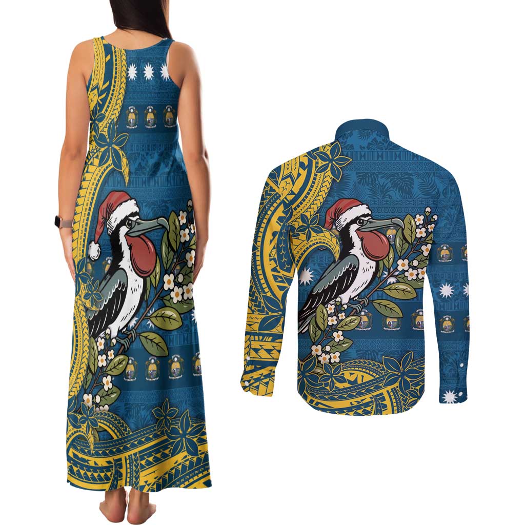 Nauru Christmas Couples Matching Tank Maxi Dress and Long Sleeve Button Shirt Frigatebird Bird Santa Tribal Waves DT05 - Polynesian Pride